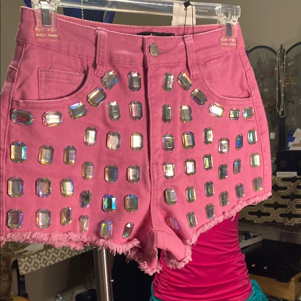 Daisy Dukes Pink Denim high waist Shorts with Stud Embellishments